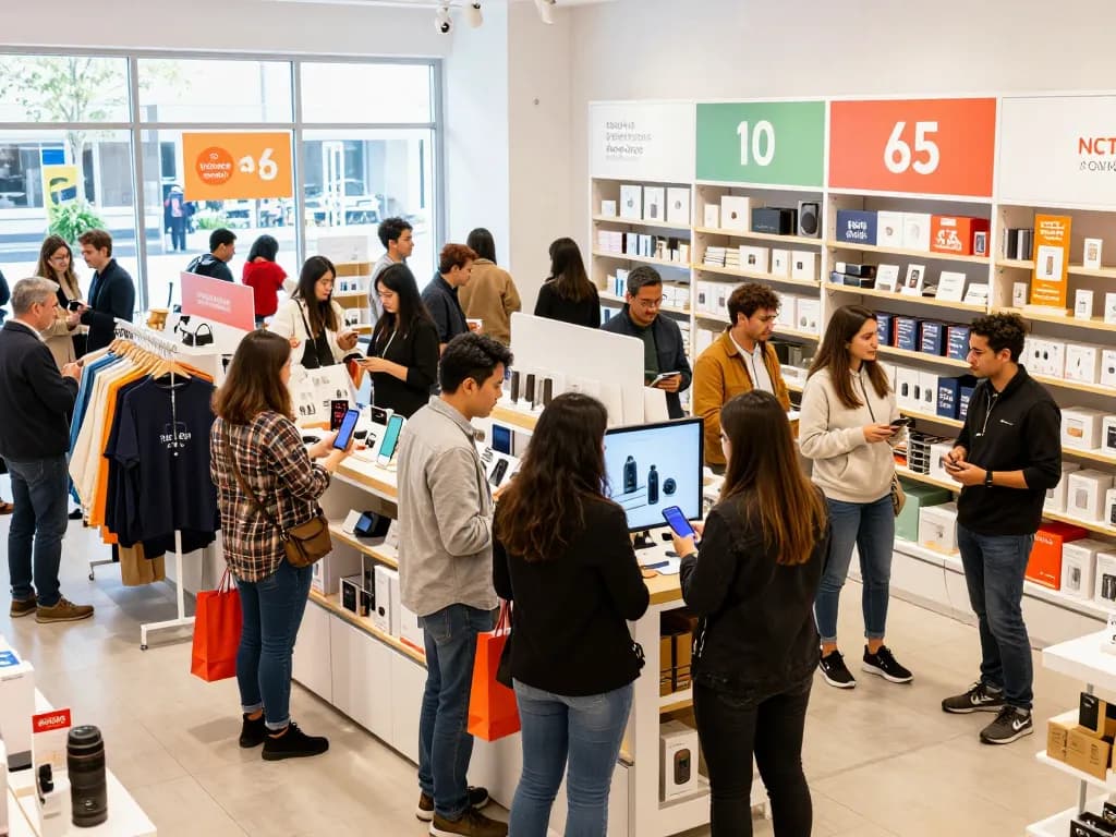 A bustling shopping scene at https://hubet88.icu/ showcasing diverse customers exploring new products in a vibrant retail environment.