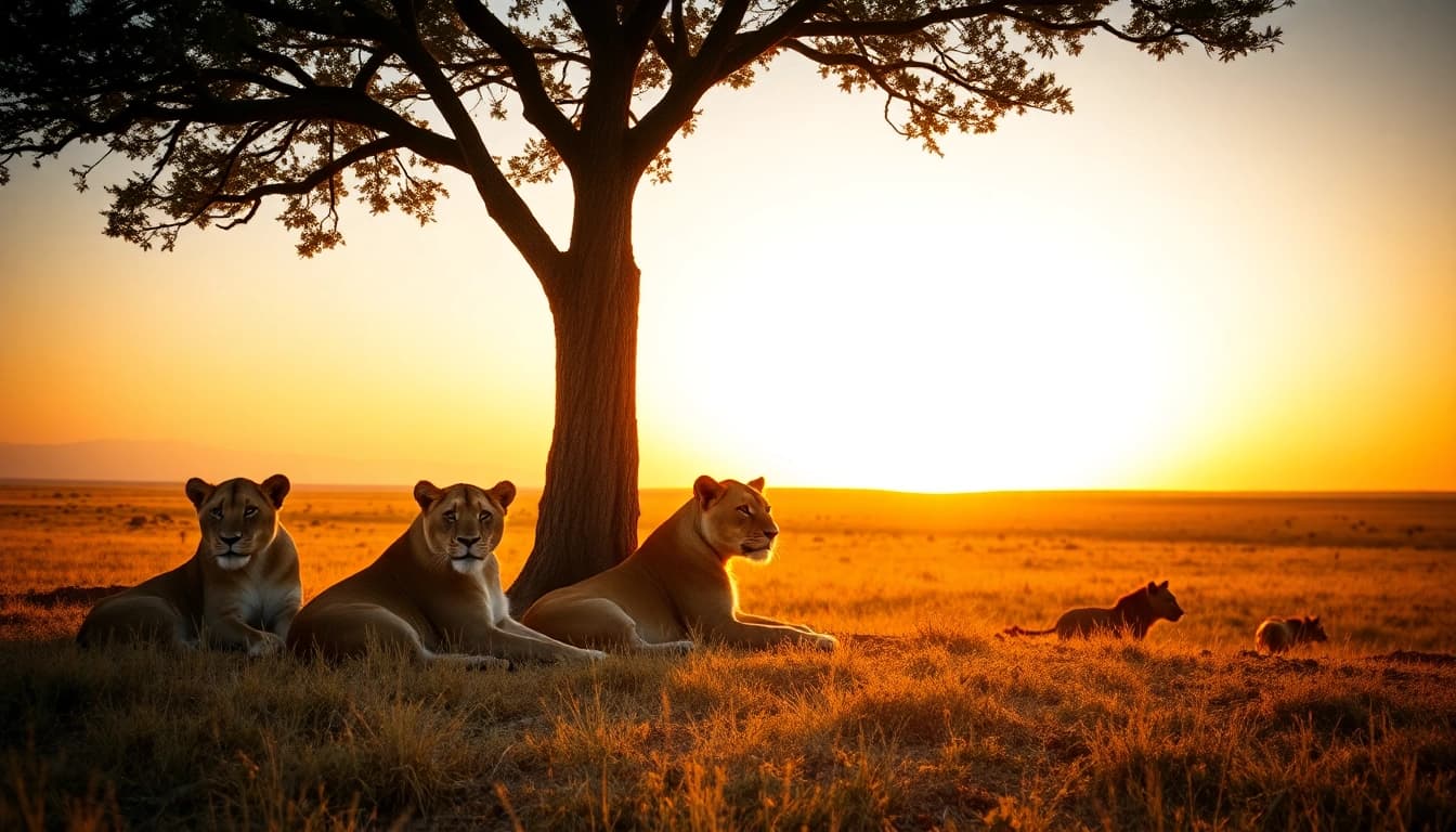 Experience a breathtaking Tanzania Safari with lions under an acacia tree amidst a stunning savannah sunset.