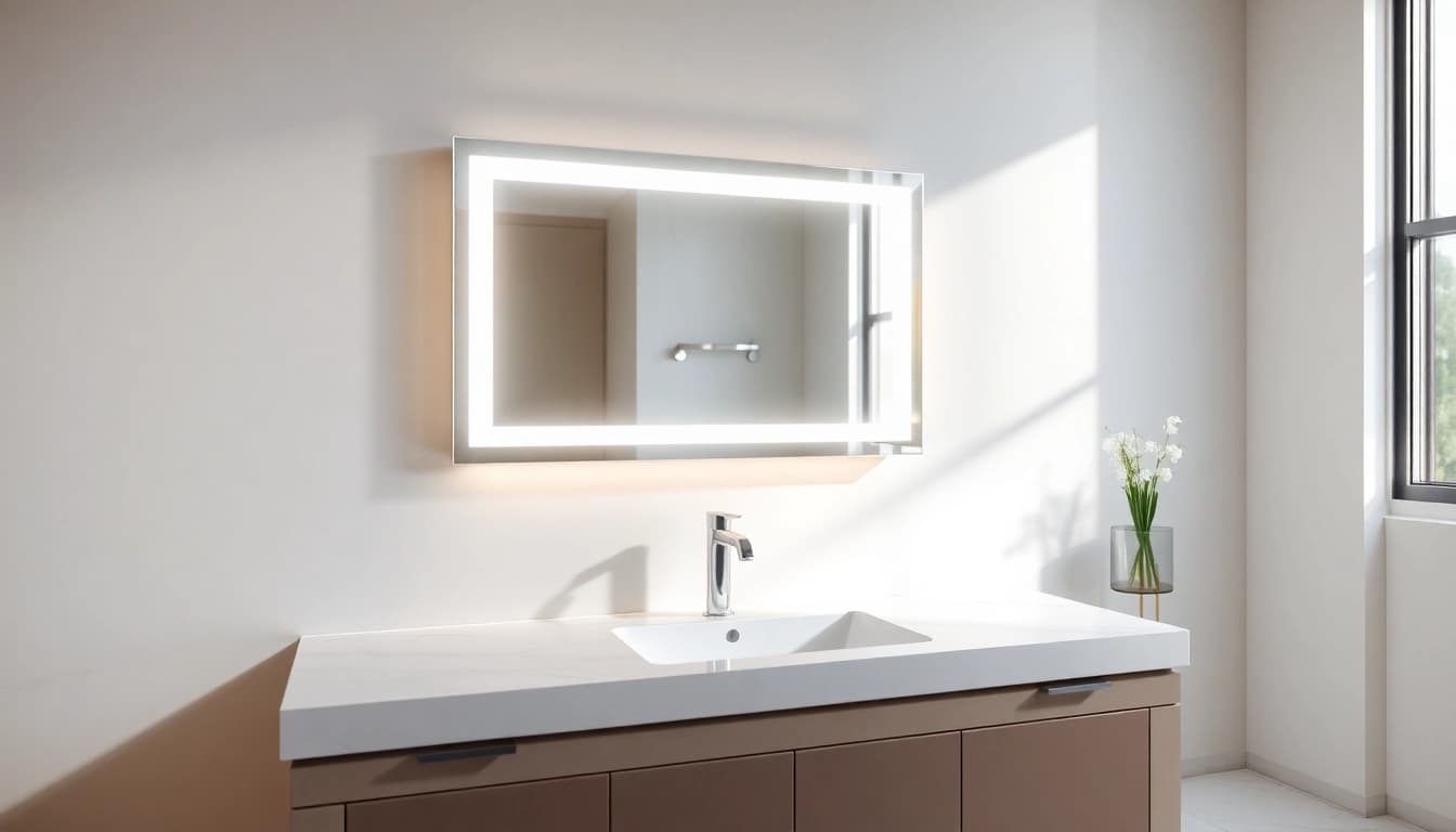 Reflections in a modern mirror and led lights over a stylish sink