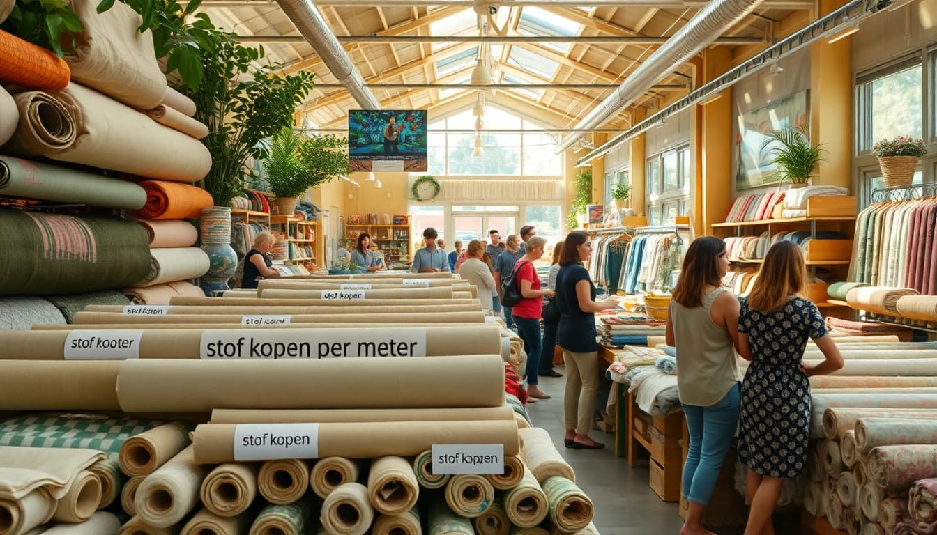 Stof kopen per meter aangeboden in een stijlvolle stoffenwinkel met diverse texturen.