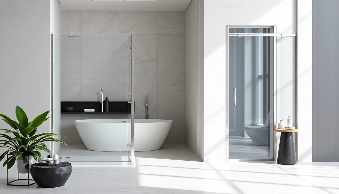 View semi-frameless shower screens in a modern bathroom with elegant decor and natural lighting.