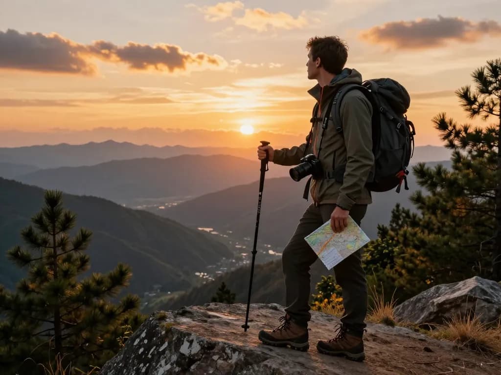 Traveler at scenic viewpoint during sunset showcasing the man88 adventure spirit amidst stunning mountain landscapes.