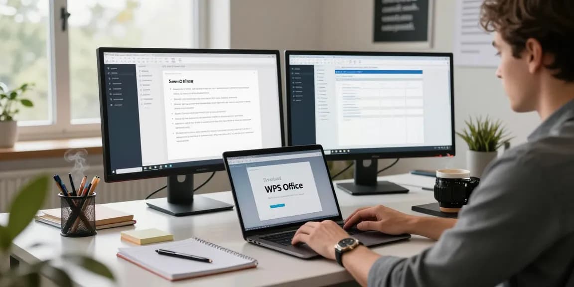 Download WPS Office in a modern workspace setting, showcasing productivity tools and a vibrant office atmosphere