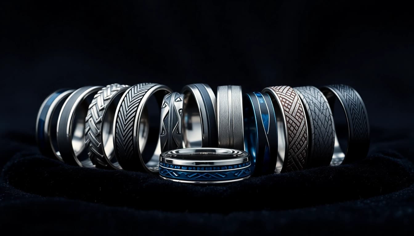 Tungsten rings arranged artistically on velvet, showcasing textures and elegance.