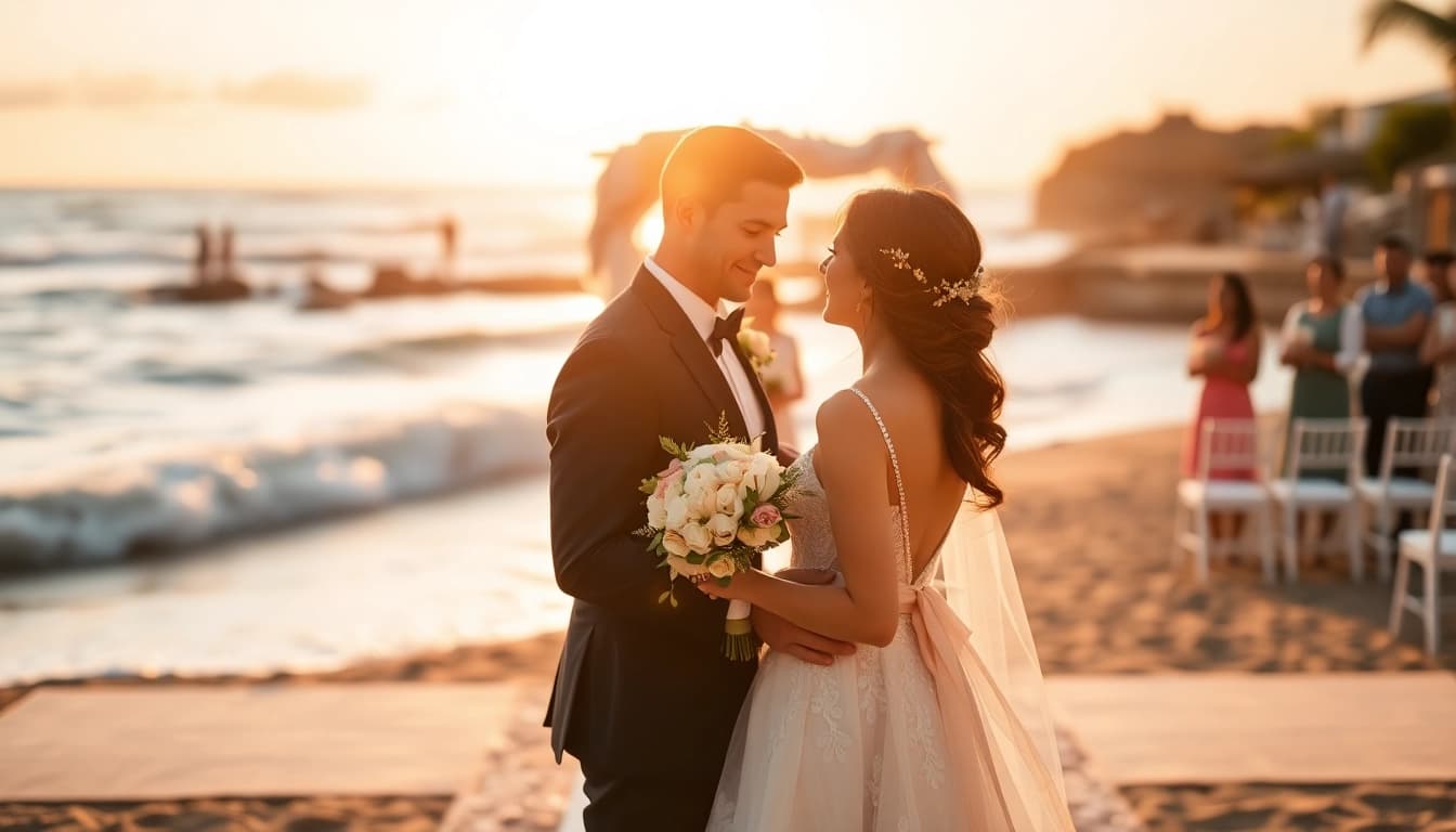 Destination photographer capturing a romantic beach wedding ceremony at sunset.