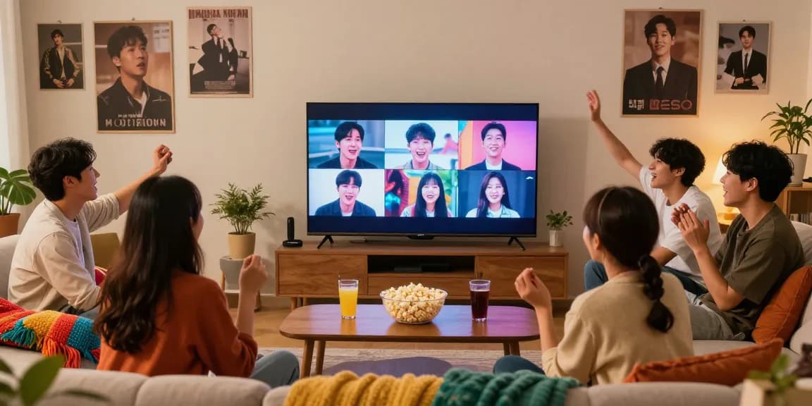 Enjoying a cozy movie night with friends while nonton bokep korea in a vibrant living room.