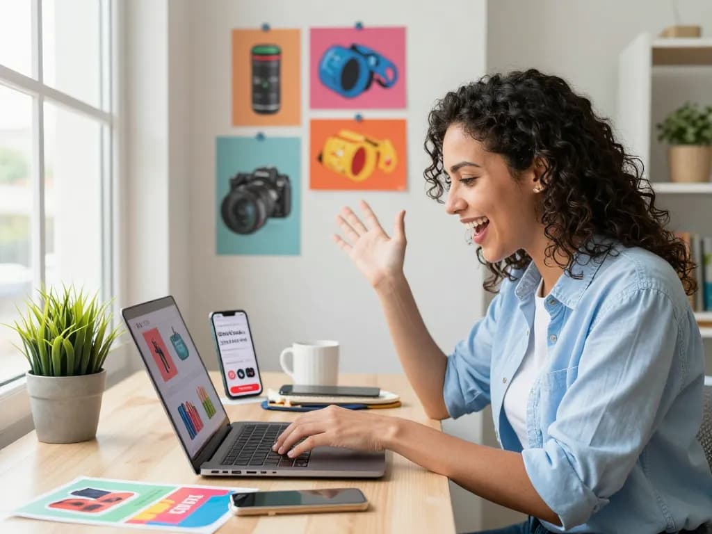 Shopping online at https://hubet88.icu/, woman enthusiastically engages with vibrant product samples in a modern workspace.