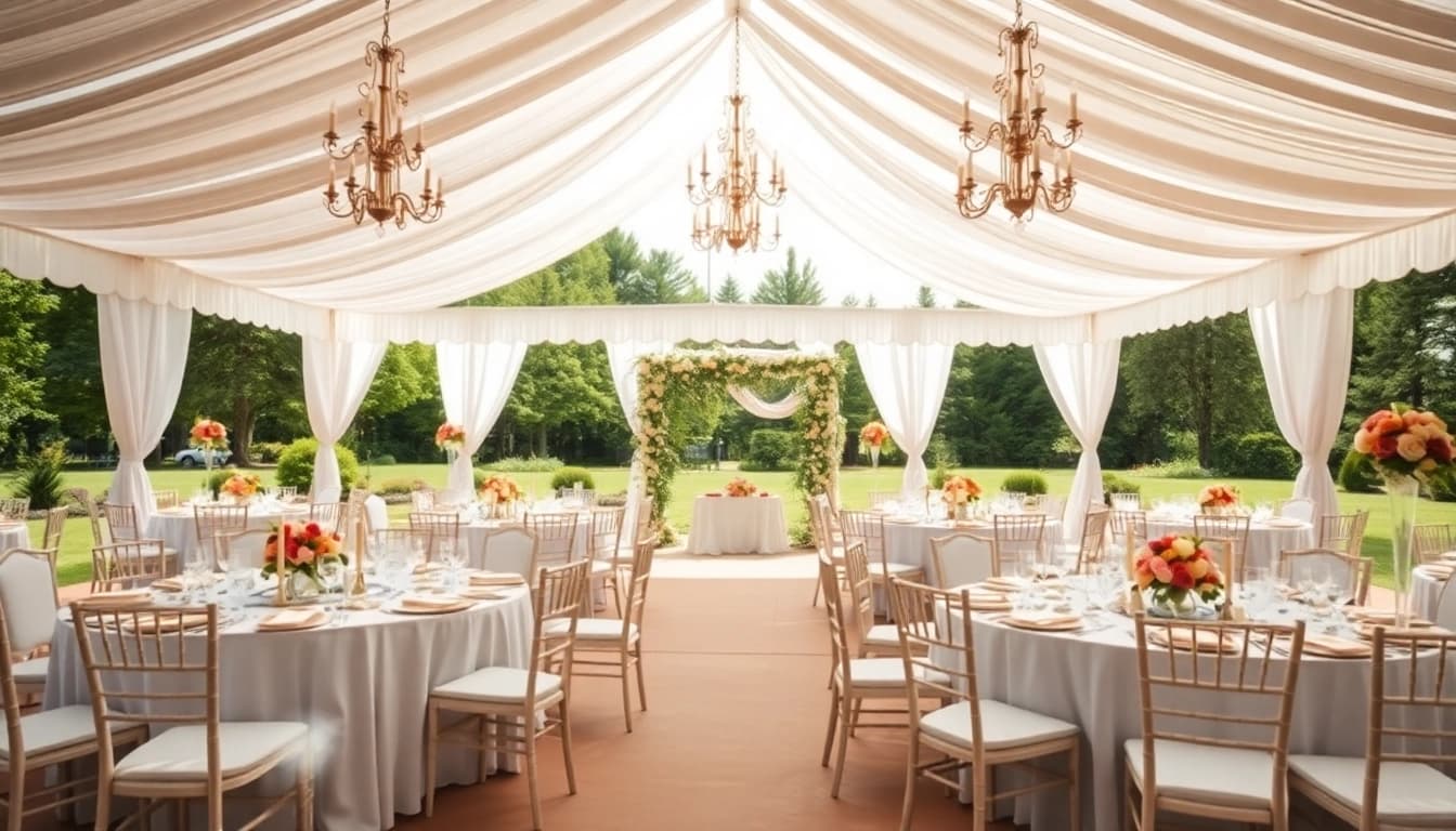 Stunning Wedding Tent Chair & Table Rentals setup showcasing elegant decor and floral arrangements.