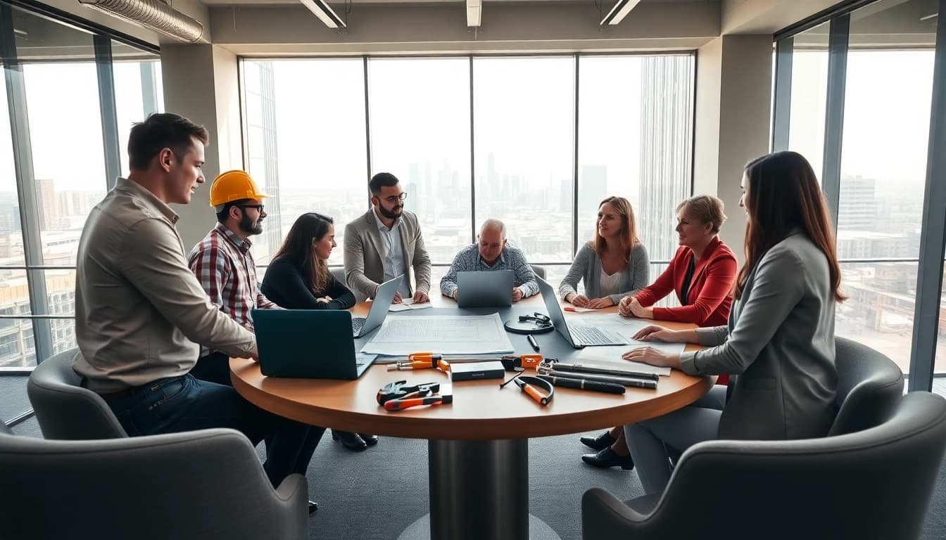 Engaged members of a construction member organization brainstorming ideas around a table filled with blueprints and tools.