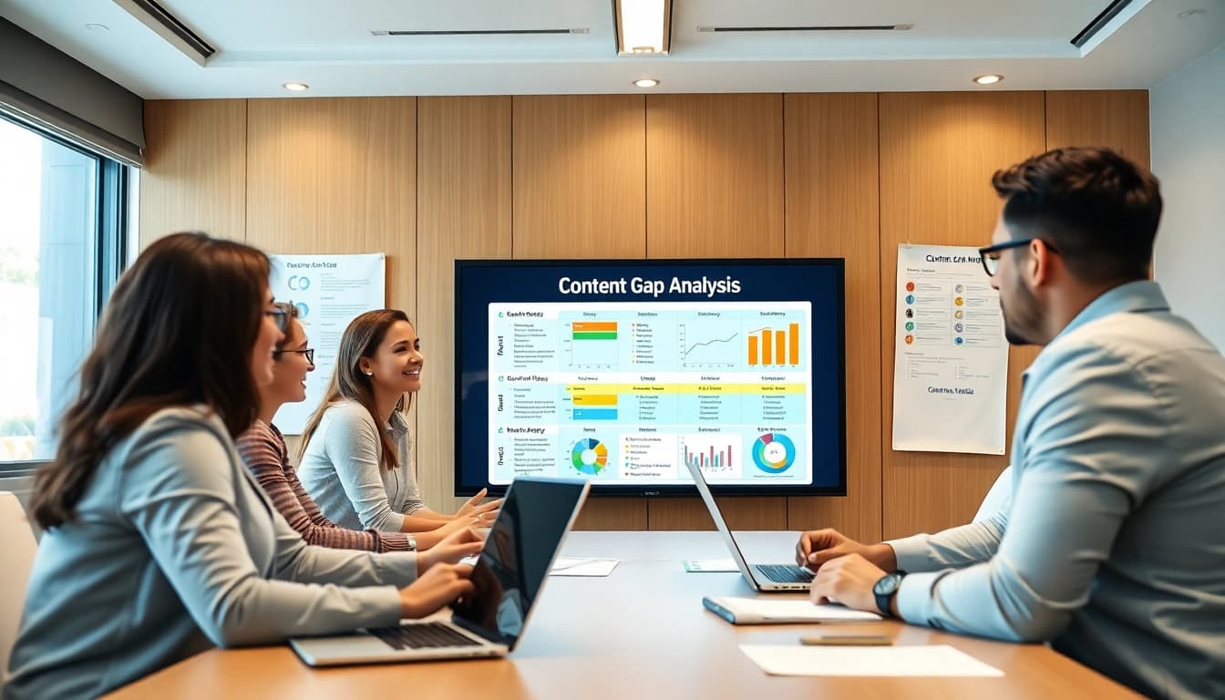 Conducting Content Gap Analysis with strategic teamwork in a bright conference setting.
