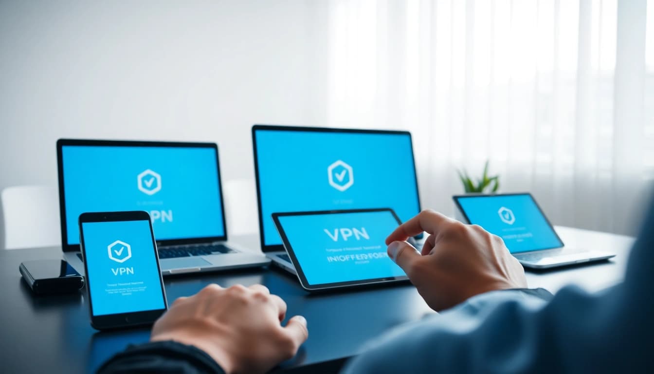 现代工作区中多设备上显示的快连 VPN 界面。
