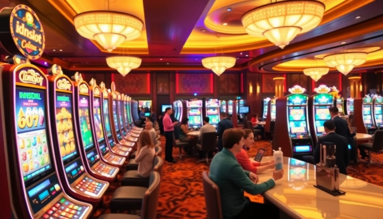 Players enjoying the idnslot gaming experience at a vibrant casino with exciting slot machines.