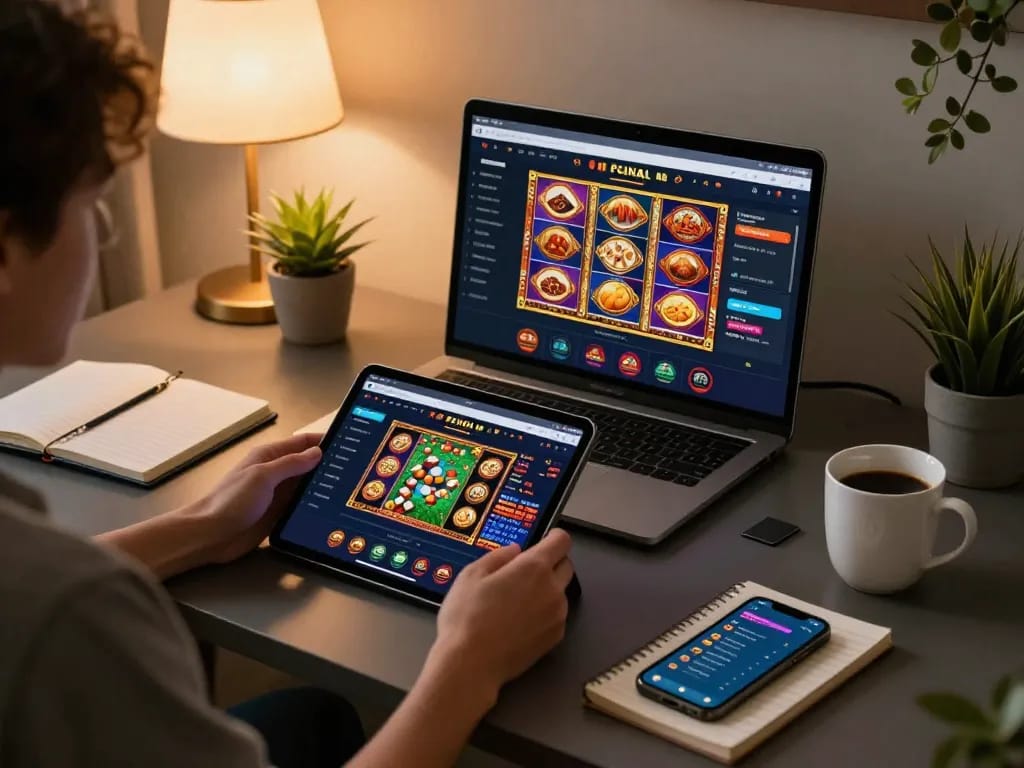 Engaging in strategic online gaming at home with nhất vip casino app on tablet, cozy workspace.