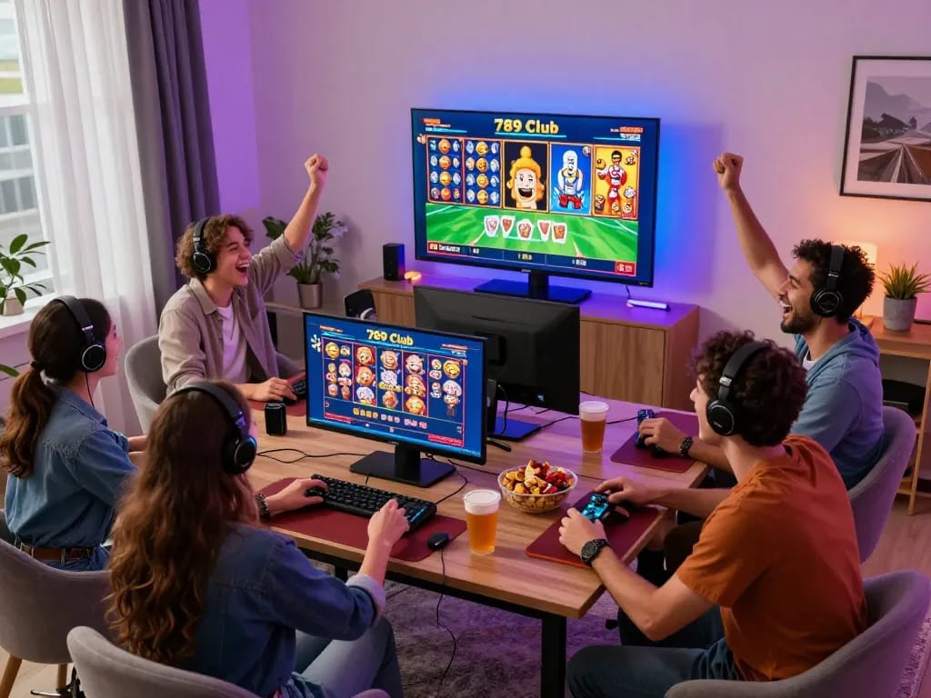 Friends enjoying a lively gaming session while tải game 789 club on a large screen.