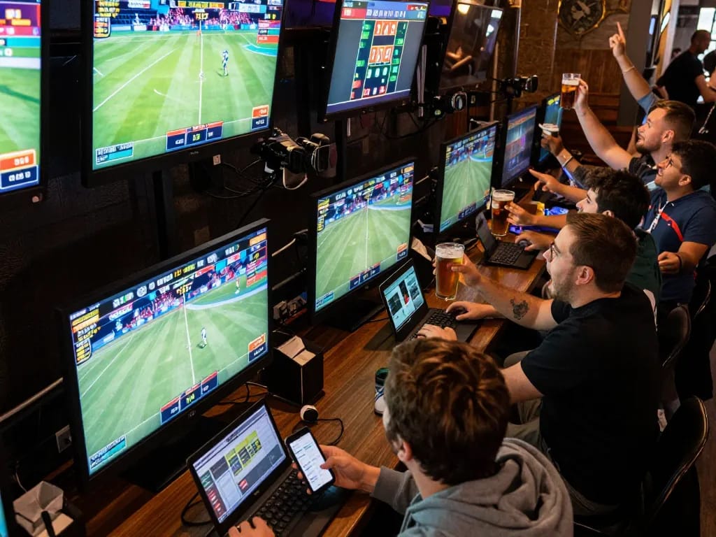 Exciting sports betting scene at cm88-vn with enthusiastic fans analyzing live odds on screens