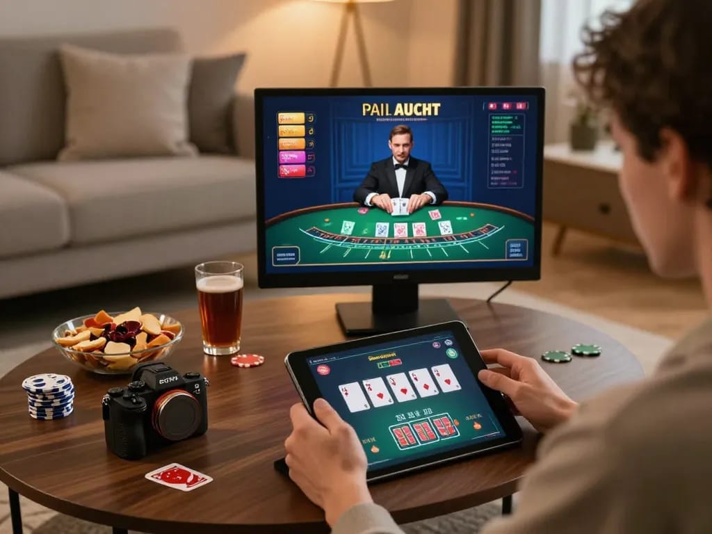 Engaging in live dealer blackjack on a tablet at home, exploring rikvip online gaming experience.