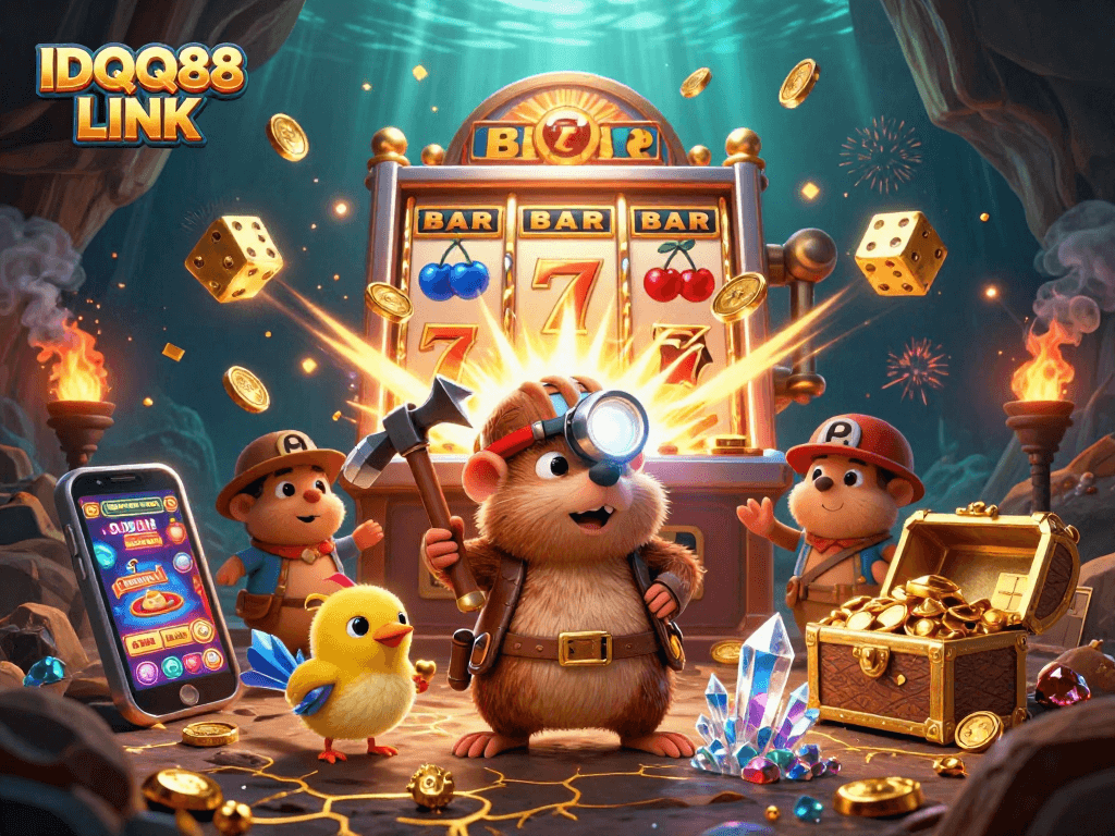 Experience thrilling gameplay with IDQQ88 LINK featuring a treasure hunter and slot machine explosion.