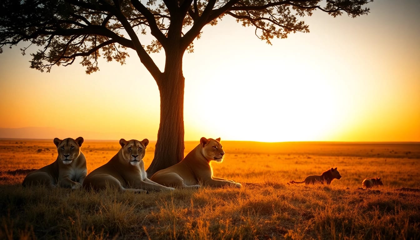 Experience a breathtaking Tanzania Safari with lions under an acacia tree amidst a stunning savannah sunset.