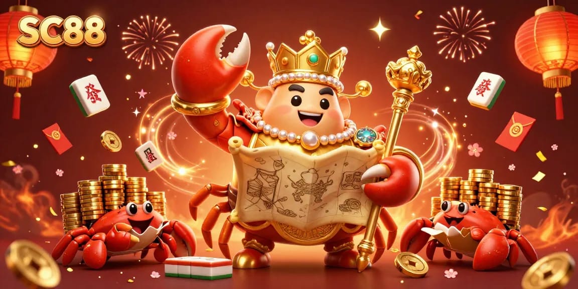 Engage with SC88's vibrant casino atmosphere featuring a golden crab emperor amidst lively gaming elements.