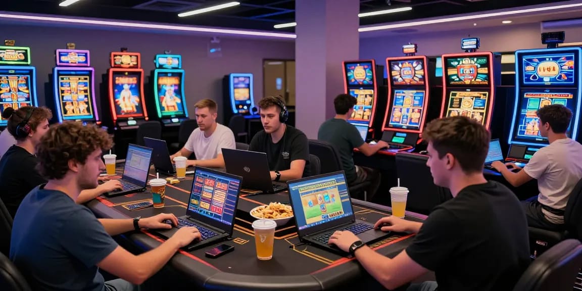Players enjoying online games at HAYWIN, vibrant atmosphere with laptops and snacks.