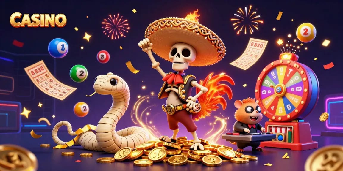 Engage at the CASINO with vibrant characters like a mariachi rooster and lucky lottery elements.