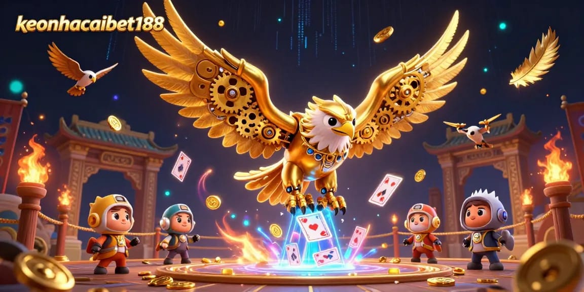 Engage with the keonhacaibet188 virtual casino adventure featuring a golden eagle soaring through holographic playing cards.