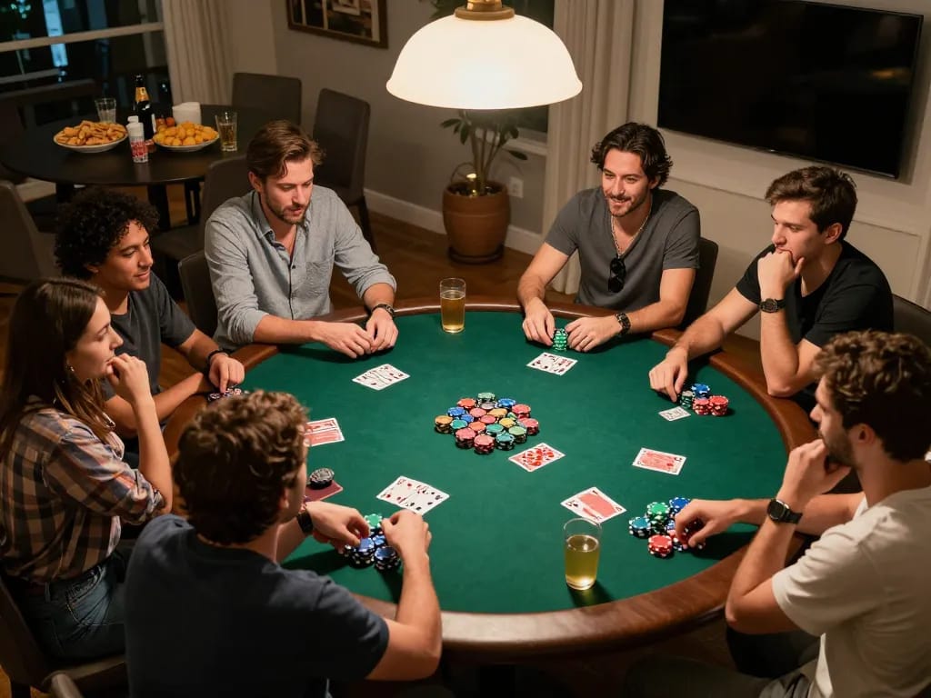 MIG8 home poker night scene showing friends engaged in competitive gameplay with colorful chips and cards.