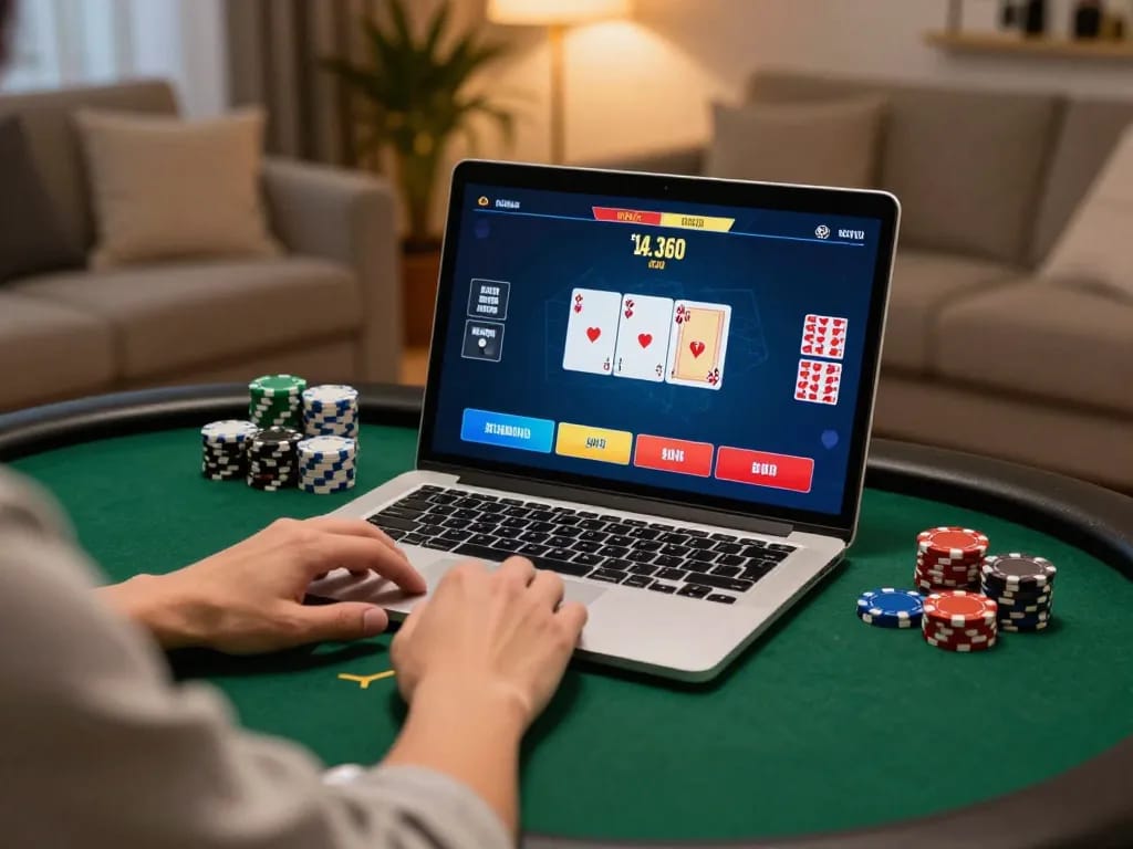 SC88 player engaging in an online poker game with focused strategy in a cozy home atmosphere.