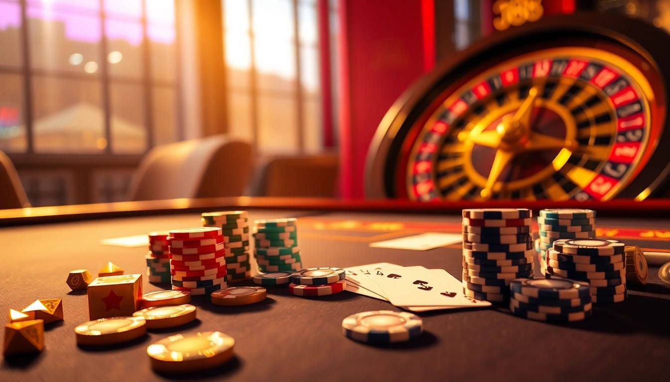 Experience winning excitement at J88 casino highlighted by vibrant poker chips and sleek roulette.