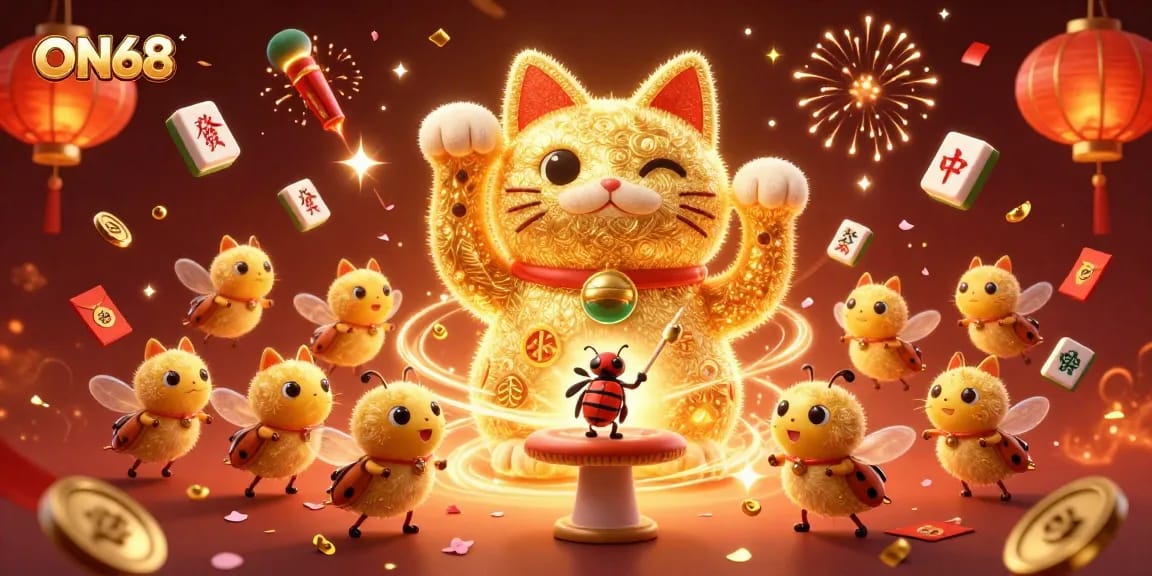 Engage with ON68's spectacular 3D casino world featuring a lucky cat and vibrant game elements.