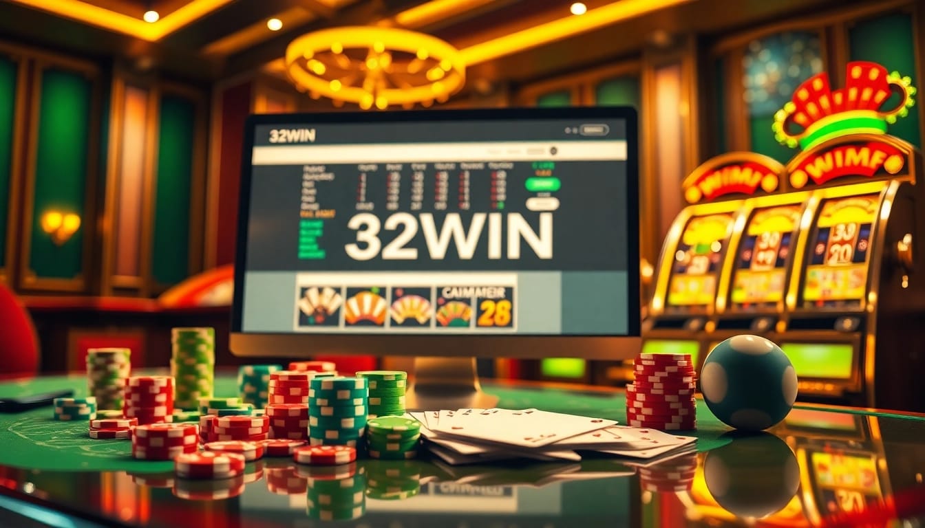 Experience the excitement of casino gaming with 32WIN, featuring thrilling poker chips and an animated roulette wheel.