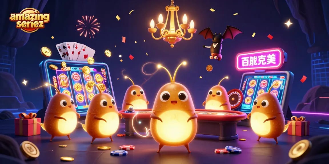 Play vibrant slot games at amazingseriez with glowing glowworms in a lively casino scene.