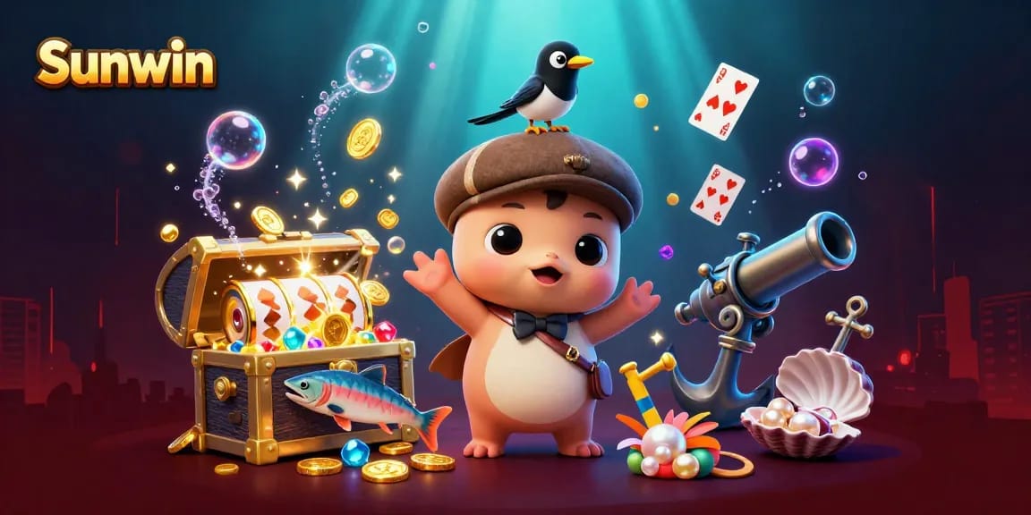 Sunwin showcases a vibrant underwater casino scene with cartoon characters amidst slot reels and treasures.