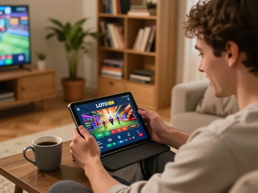 Player using LOTO188 app for online gaming in a cozy home setup, showcasing strategic engagement