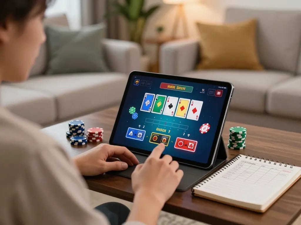 Engaged player using go99 for an exciting online blackjack game on a tablet in a cozy home setting