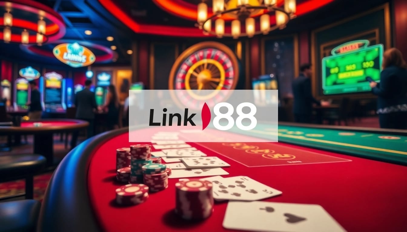 Experience the thrill of gambling at Link Fi88 with an elegant casino scene featuring vibrant games and players.