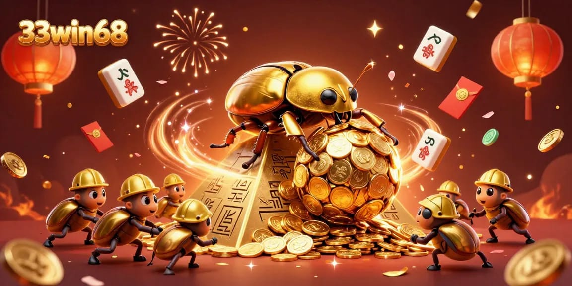 Engage in exciting gameplay with 33win68's dynamic casino adventures featuring gold coins and beetles.