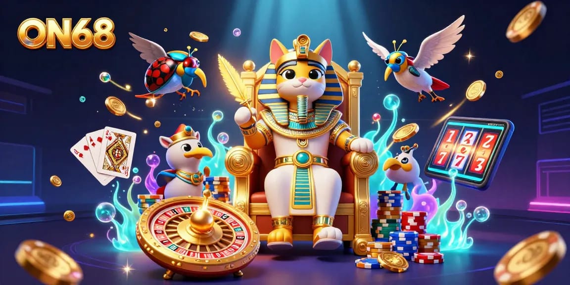 Engage in immersive gaming with ON68's Egyptian-themed casino adventure, featuring golden treasures and dynamic elements.