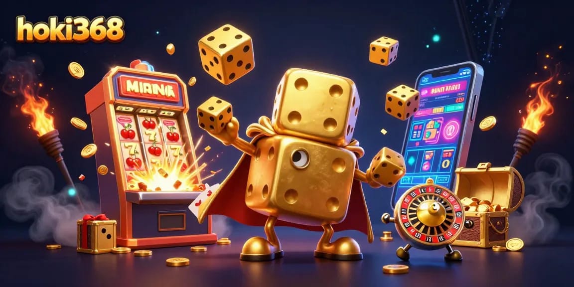 Experience the thrill of hoki368 with a vibrant illustration featuring a golden dice golem and jackpot excitement.