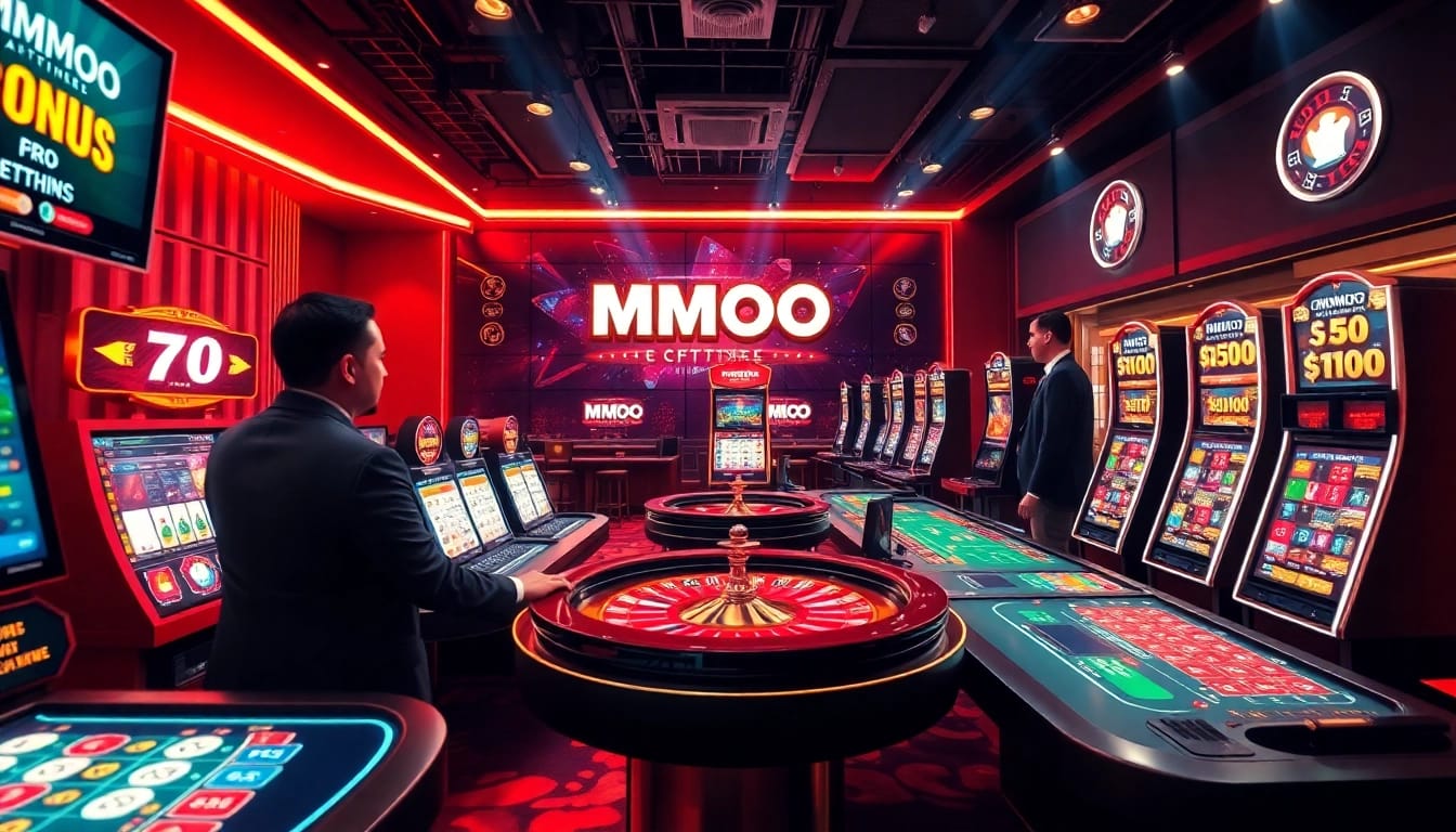 Engaging MMOO online gaming scene with vibrant casino games and professional dealers.