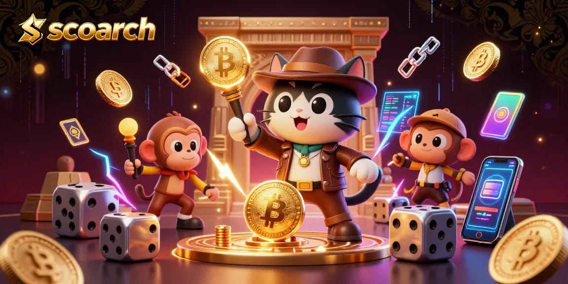 Explore cutting-edge casinos at scoarch with vibrant 3D scenes featuring crypto elements.
