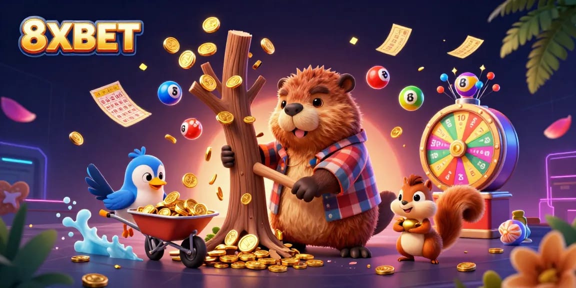 Watch the 8XBET beaver collect gold coins in a dynamic casino-themed scene filled with vibrant games.