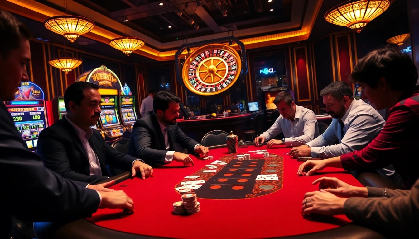 Players engaging at a poker table with chips and cards at 789club casino.