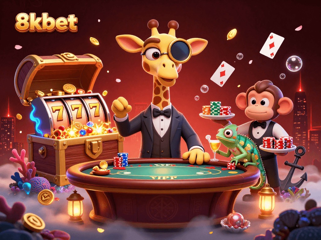 Experience the thrill of 8xbet with vibrant characters celebrating at a casino table amidst gold coins and rich details.