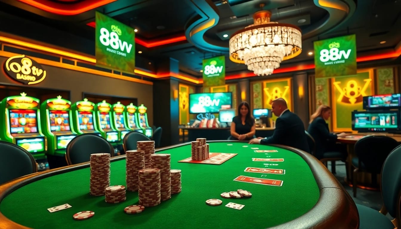 Experience the thrill of 88vv at a luxurious casino with vibrant poker tables and exciting games.