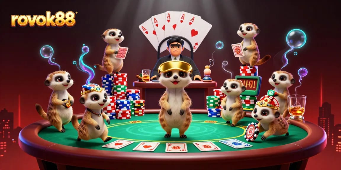 Experience the excitement of gambling with rokok88, featuring playful meerkats in a lively casino setting.