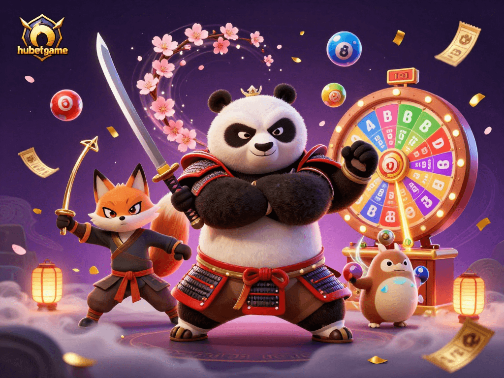 Join the gaming action at hubetgame with a dynamic scene of vibrant lottery elements and charming characters.