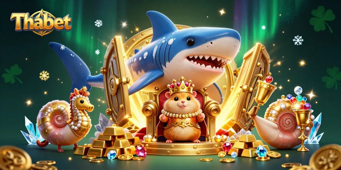 Thabet showcases a fierce golden hamster king and marine guards in a vibrant casino-themed environment.