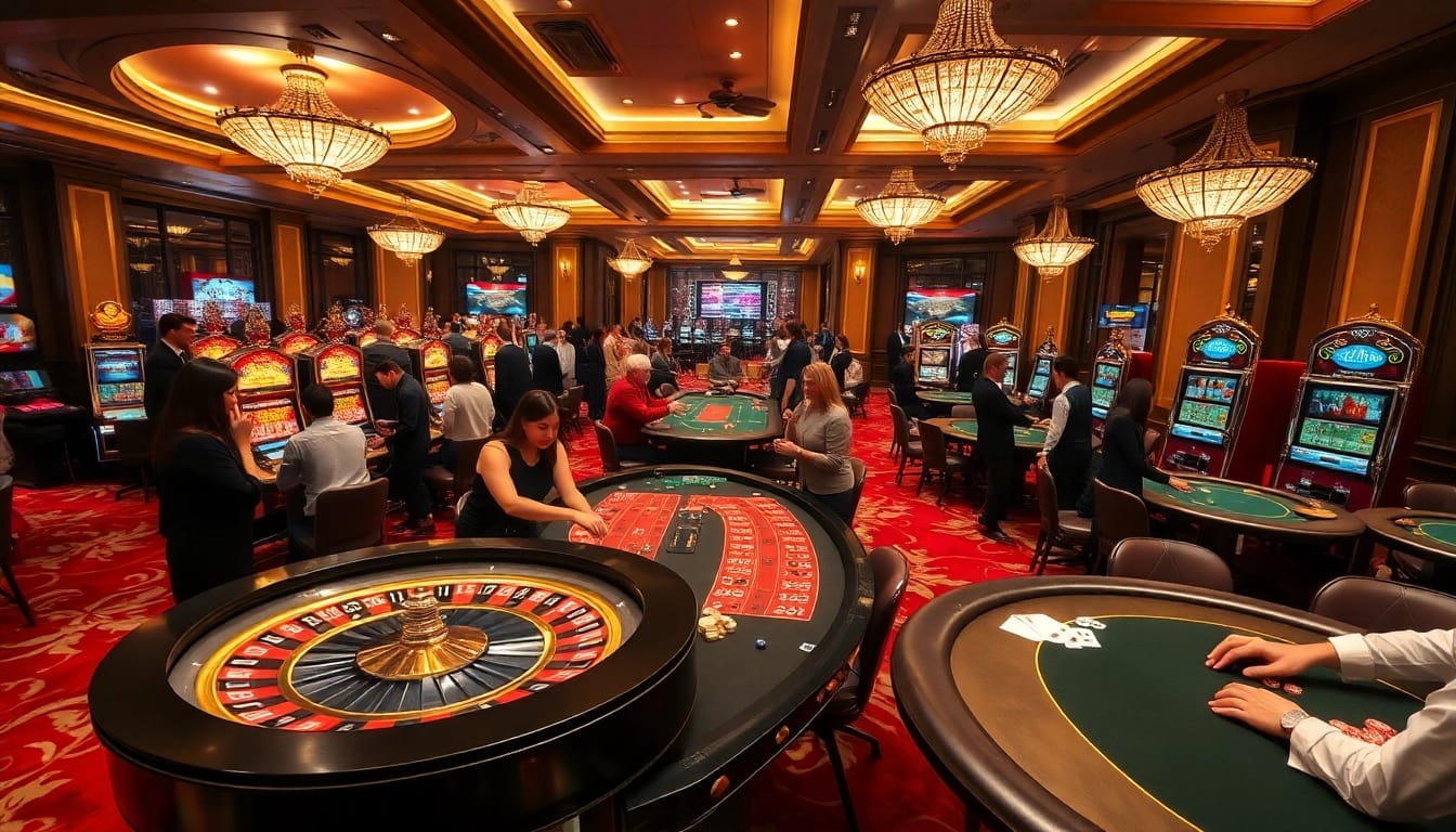 LUCK 8 casino scene showing players enjoying roulette, poker, and slot machines, embodying excitement.