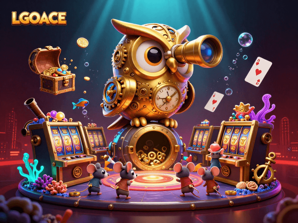 LGOACE transforms a dynamic casino scene with a 3D clockwork owl in a vibrant illustration.